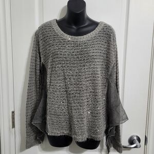 #050 Unbranded Made In Italy Grey Knit Sweater Sheer Panels Silver Sequins Sz XL